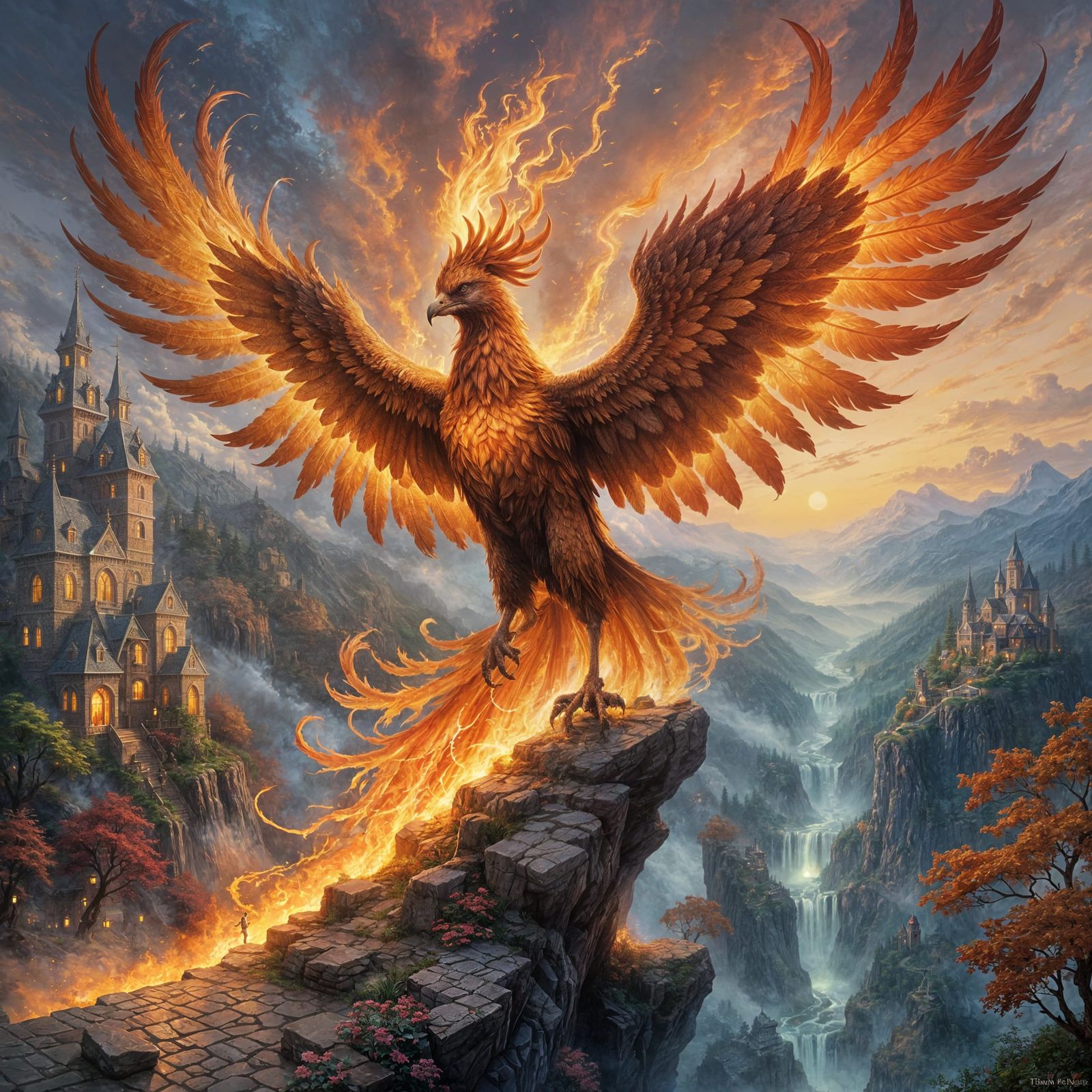 Fiery Phoenix in Ethereal Fantasy Landscape