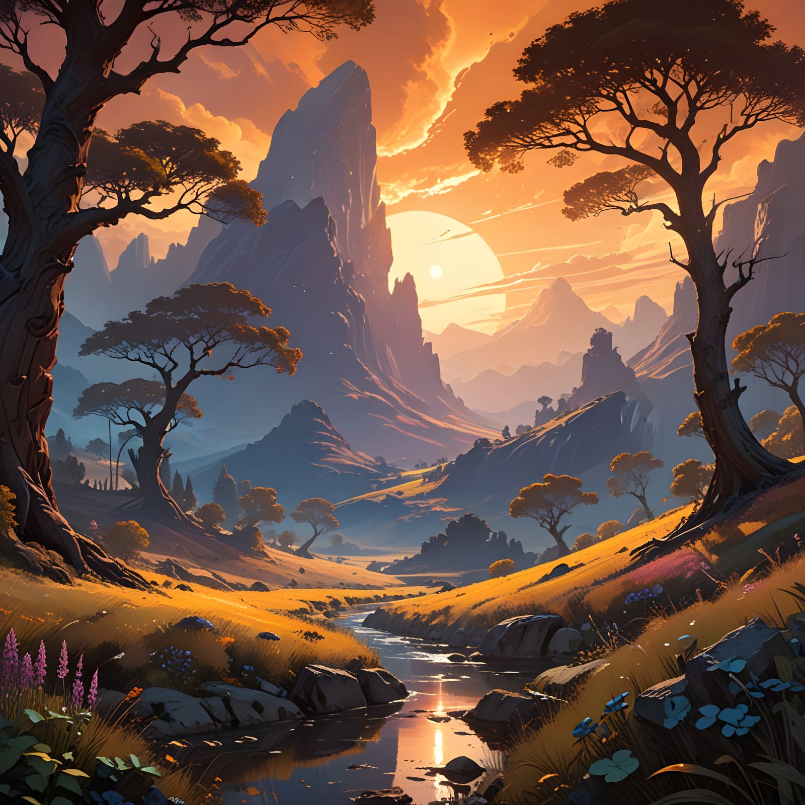 Surreal Golden Landscape of Majestic Mountains and Ancient T...