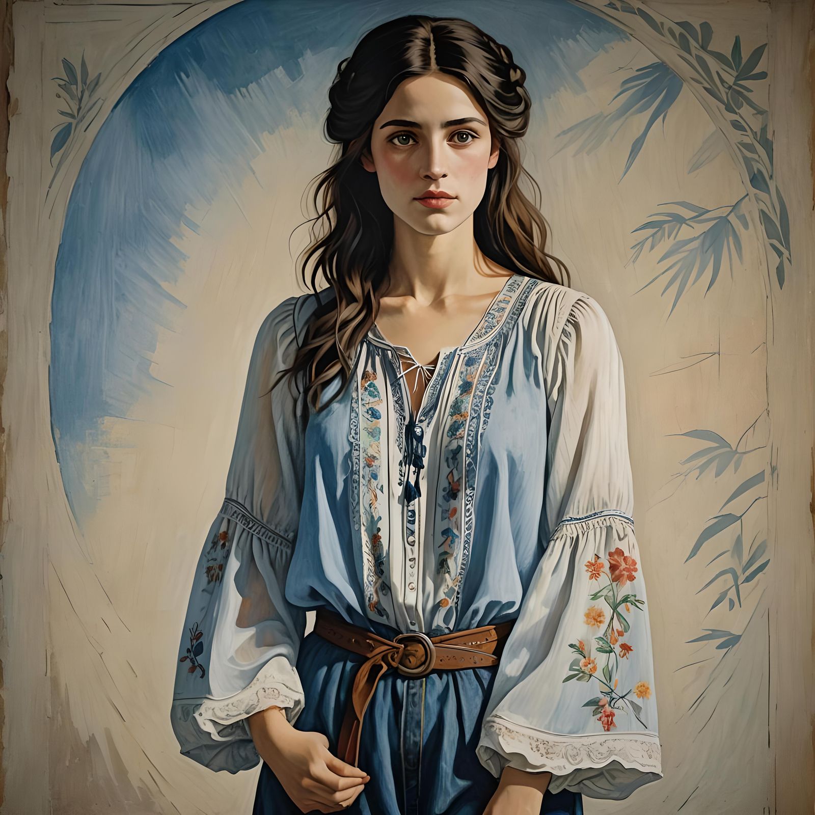 Brunette in Embroidered Chemise: Mixed Media Twilight