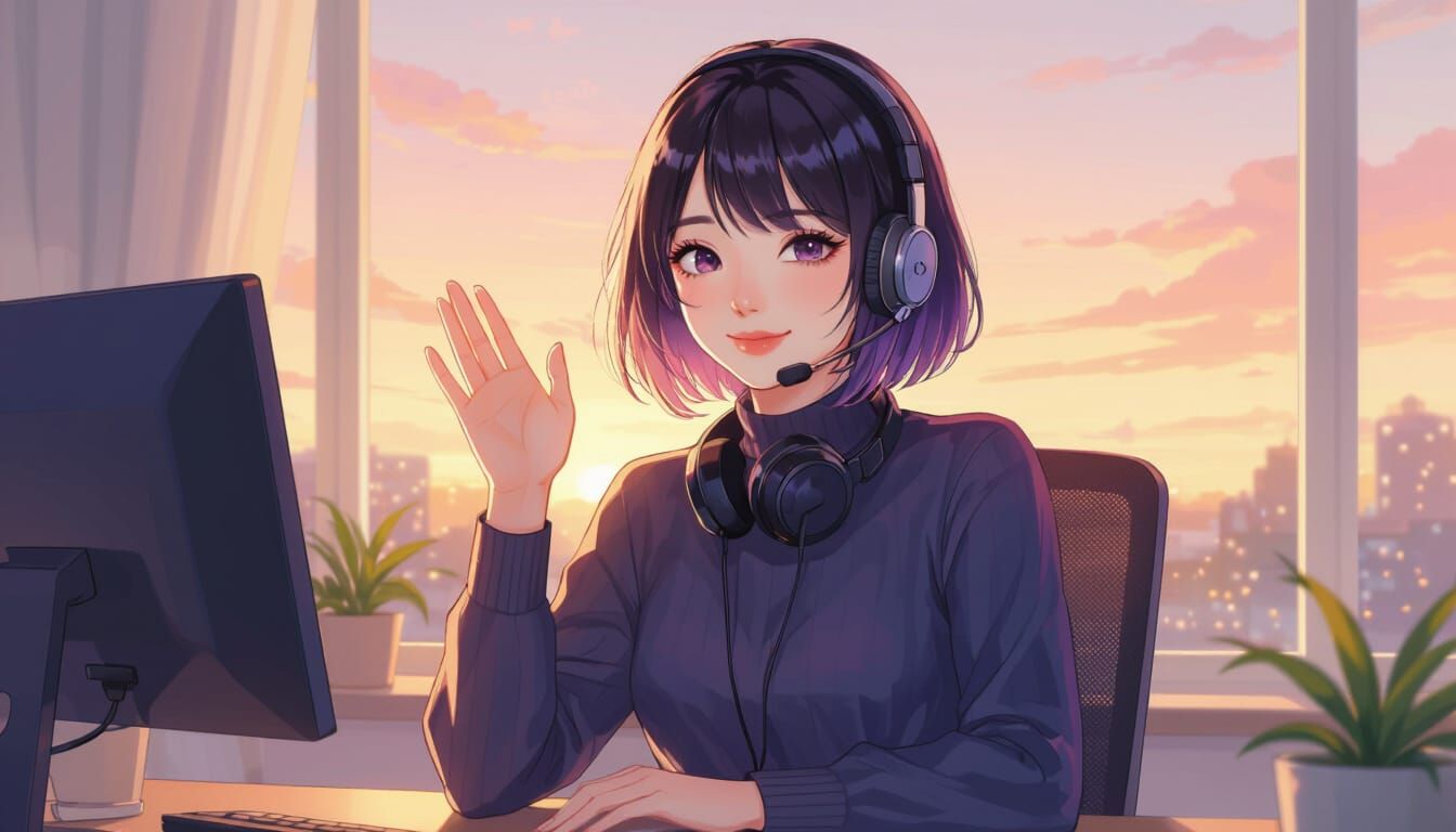 East Asian Woman in Watercolor Streaming Scene