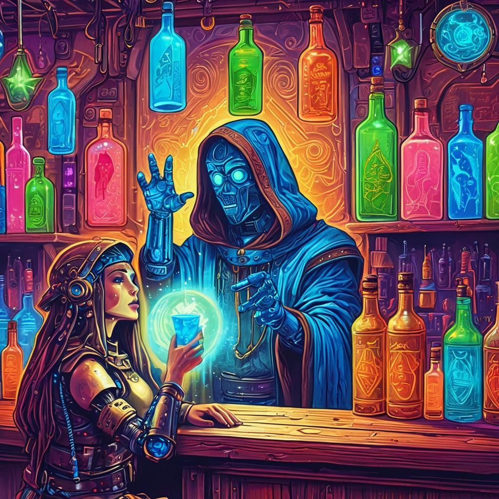 Cyberpunk Robotic Monk at Psychedelic Tavern