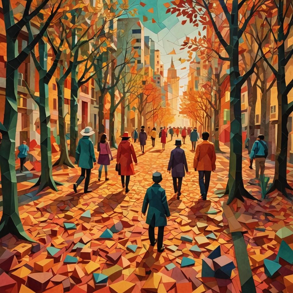 Vibrant Geometric Cityscape in Paper Collage Art