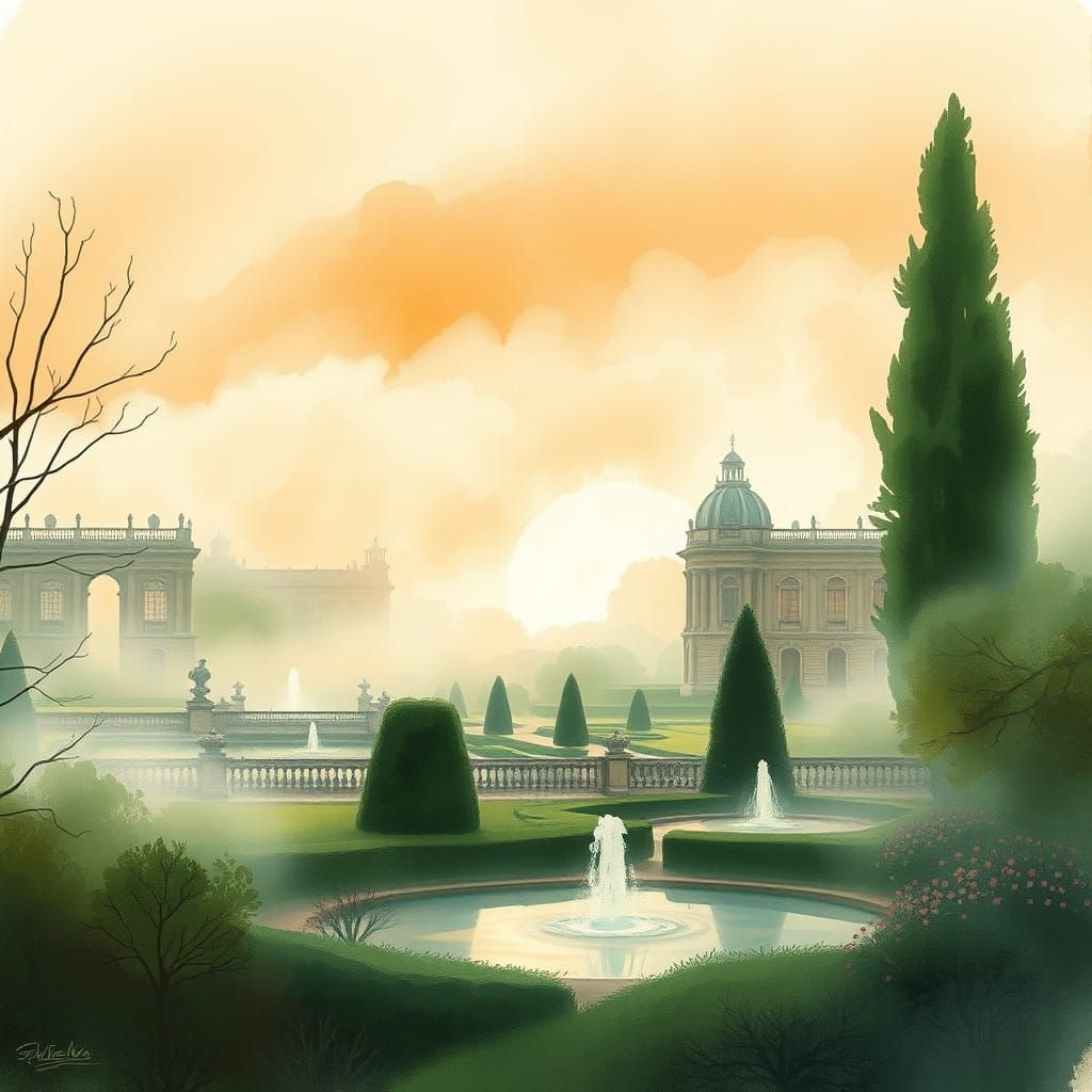 Ethereal Versailles at Sunset in Whimsical Watercolor Style