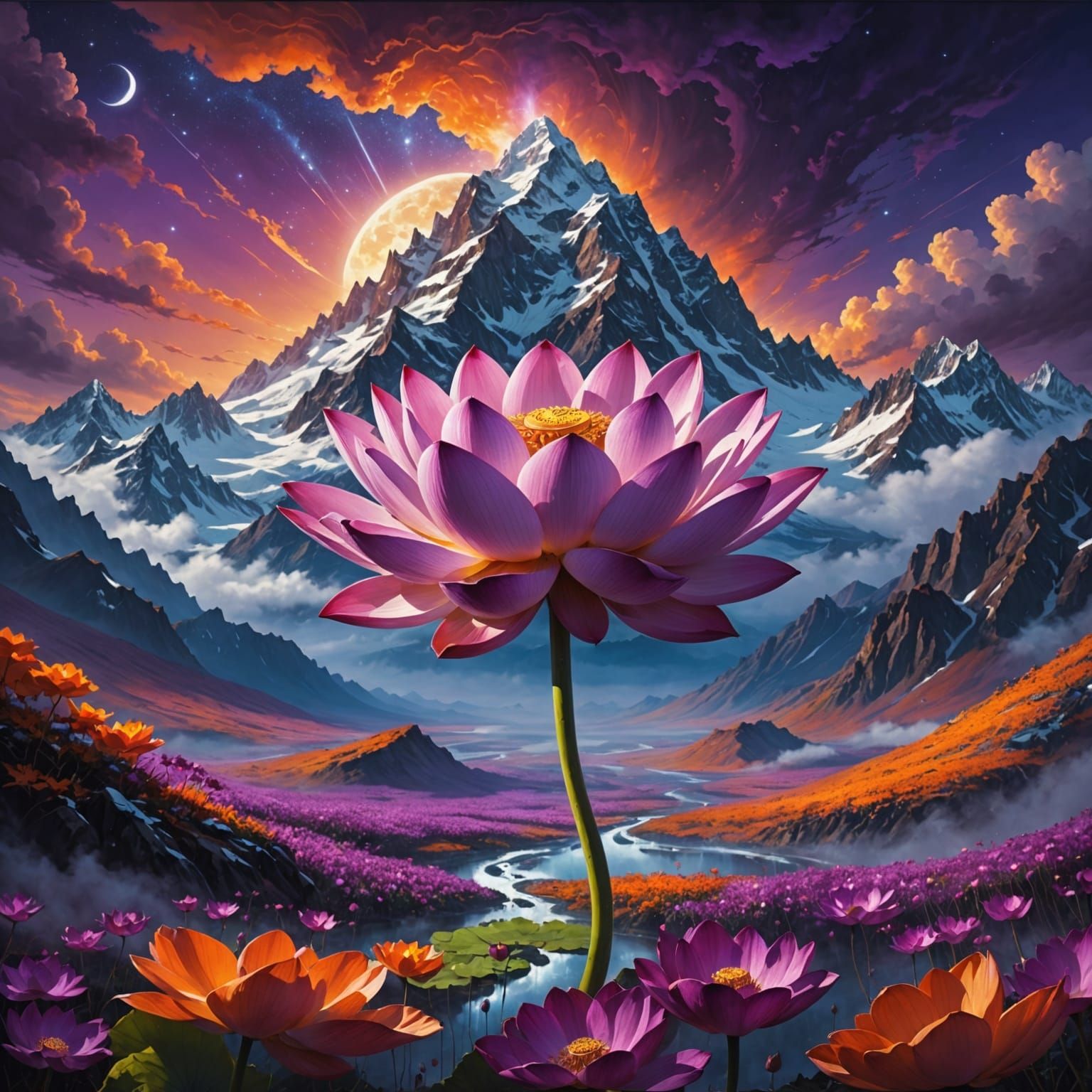 Epic Lotus Bloom in Snowy Mountainscape with Dramatic Lighti...