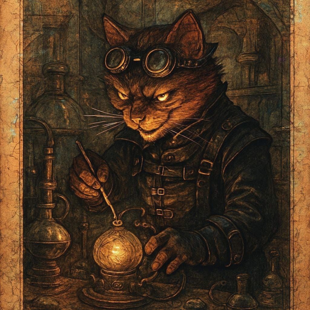 Steampunk Cat Tinkering in Hidden Lab