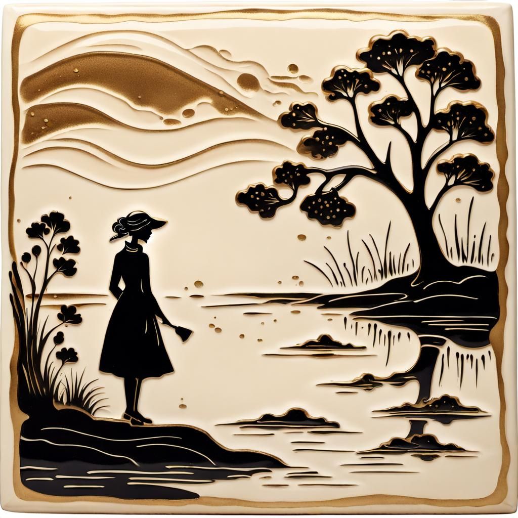 Ceramic Tile Art: Woman by River Silhouette