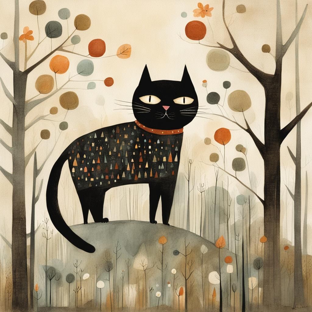 Whimsical Cartoon Cat in a Calm Landscape