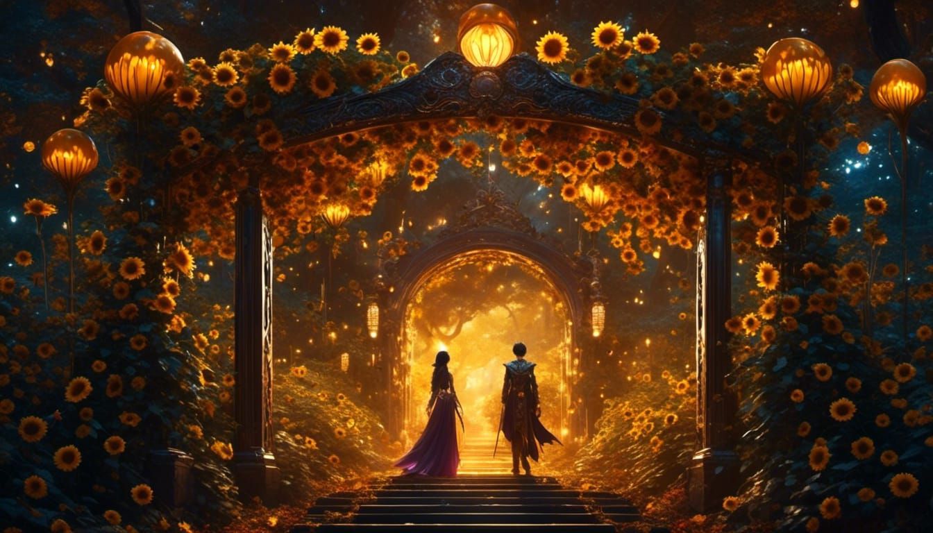 Mysterious Sunflower Field Gate in Dark Academia Style