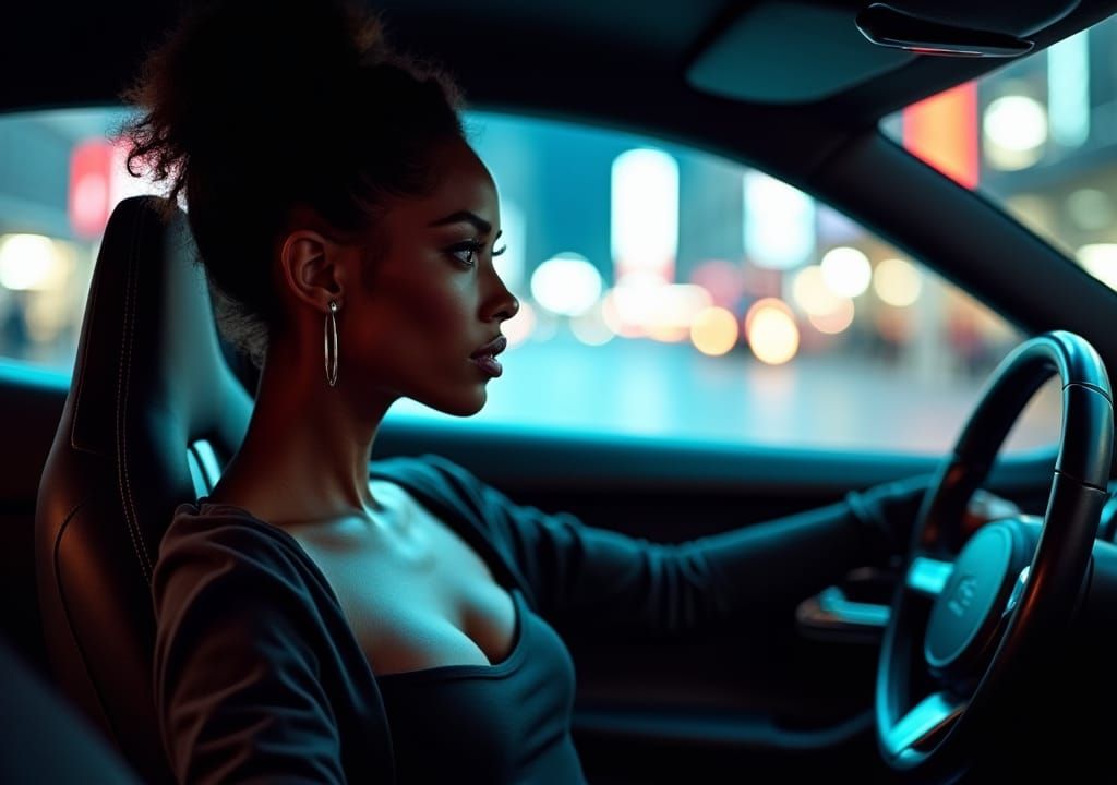 Stylish Woman in Futuristic Car at Night