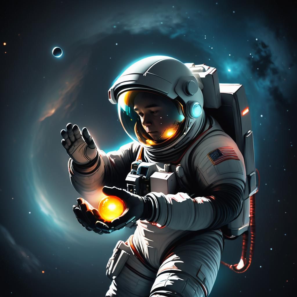 Lonely Astronaut with Glowing Orb in Space