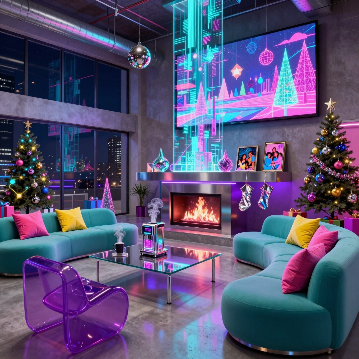 Retro-Futuristic 90s Living Space with Holographic Fireplace