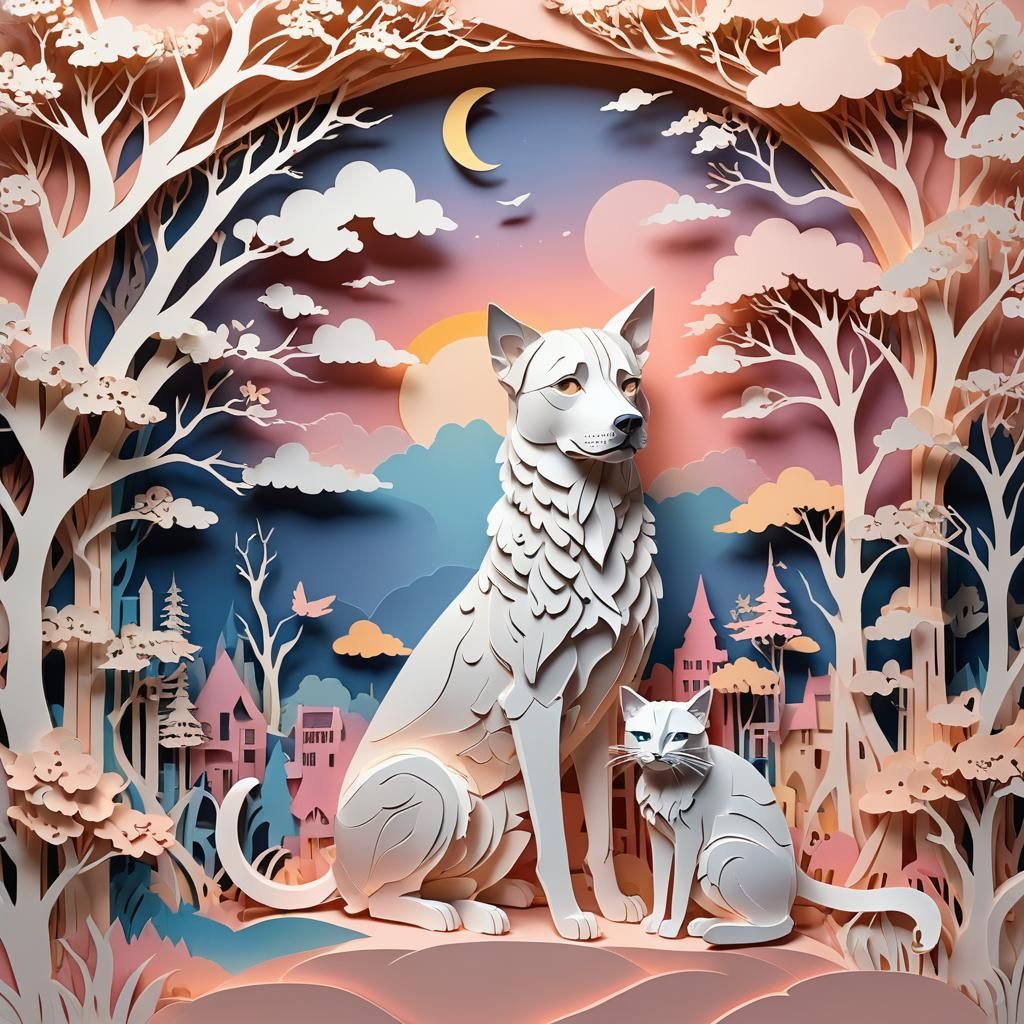 Dog and Cat Paper Cut Sunset Sculpture