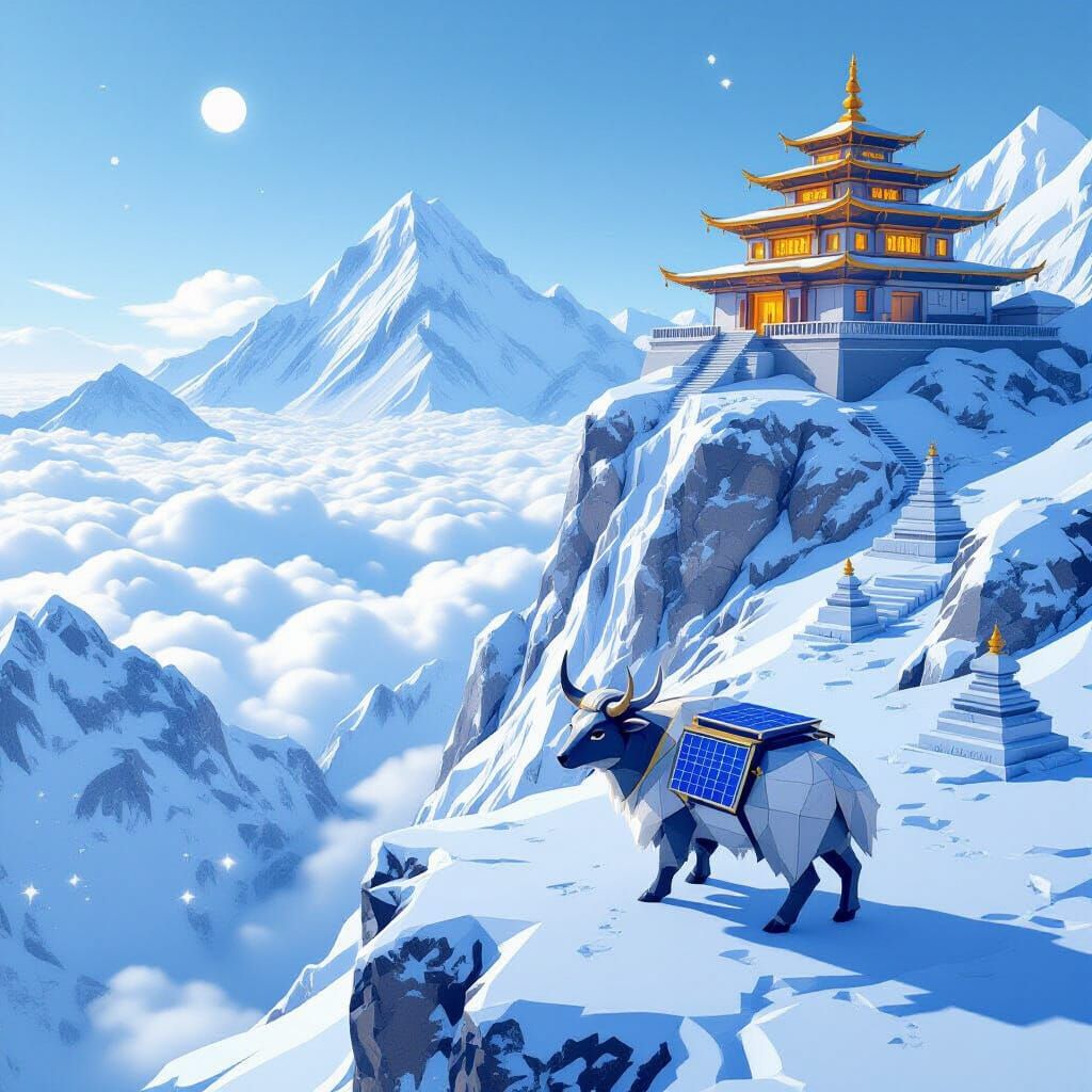 Low Poly Yak Drone Anchored to Sky Monastery