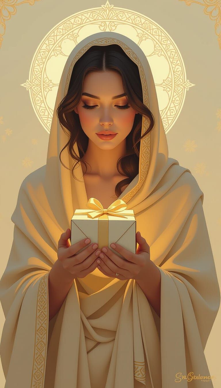 Woman Holds Gift in Dreamy, Ethereal Lighting
