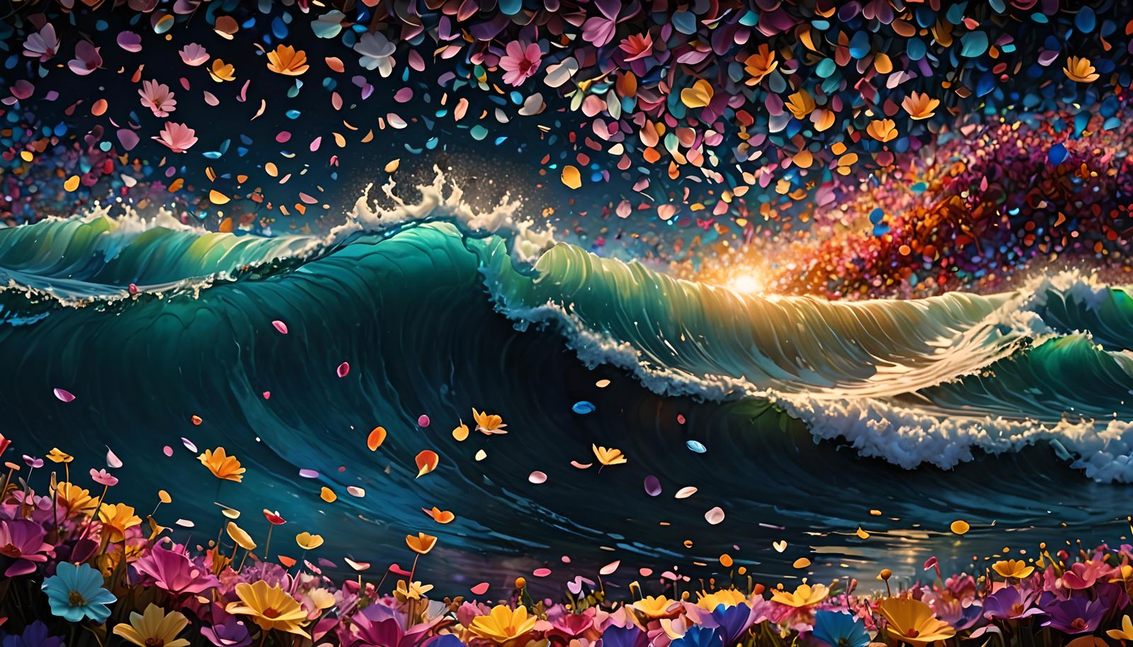 Iridescent Floral Waves at Night: Expressionist Seascape