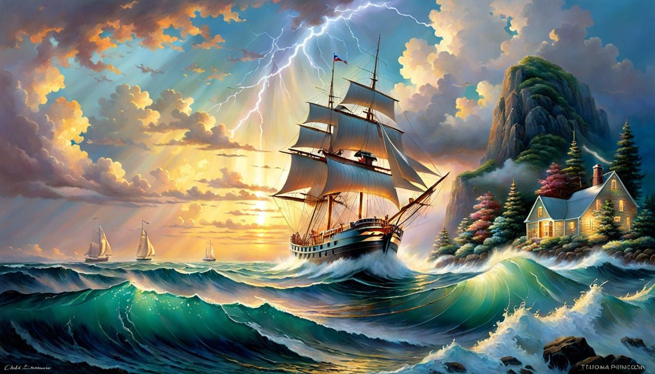 Romantic Seascape with Stormy Skies in Impressionist Style