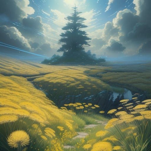 Whimsical Dandelions in Vibrant Fantasy Landscape