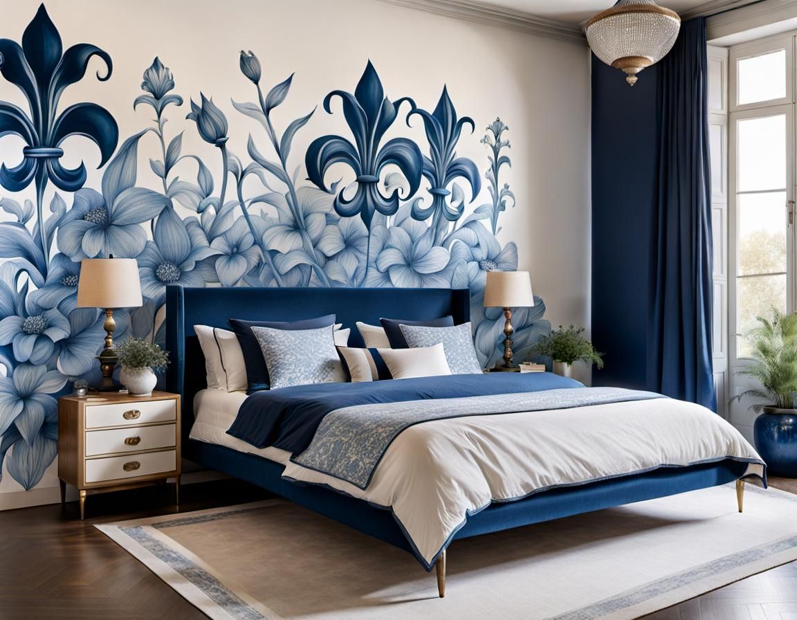 Botanical Ink Fleur-de-Lis Wall Art in Bedroom