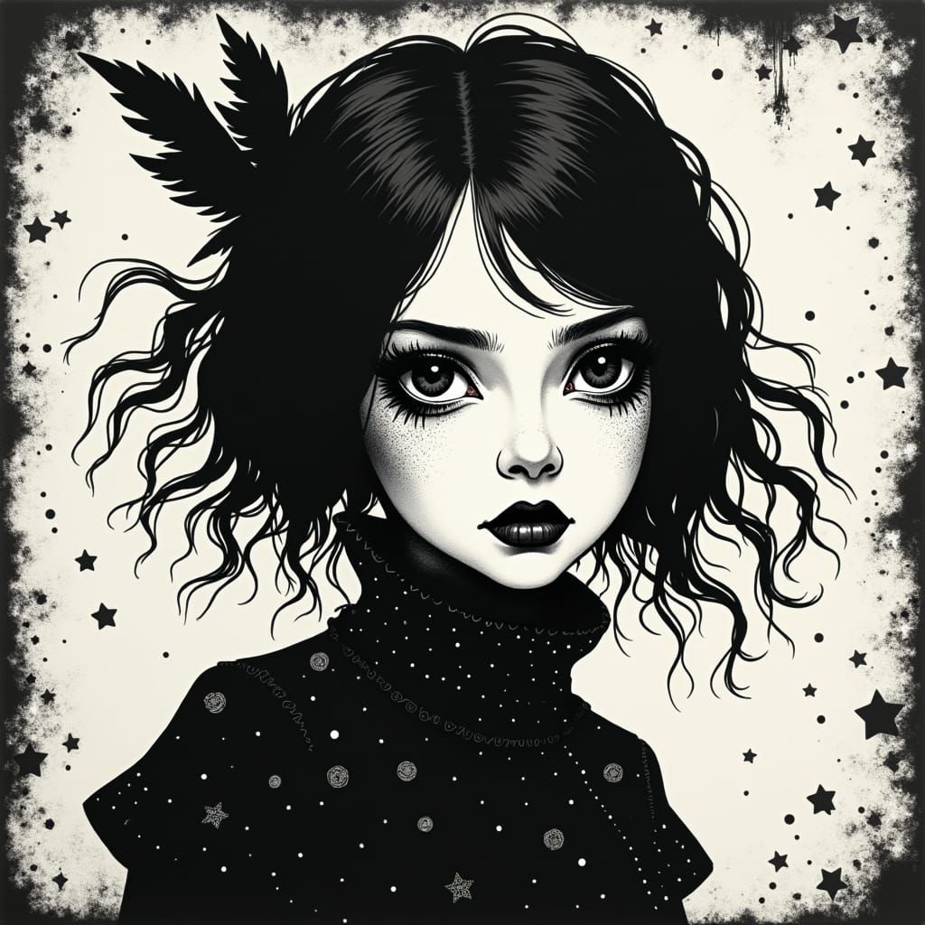 High Contrast Linocut of a Goth Punk Girl