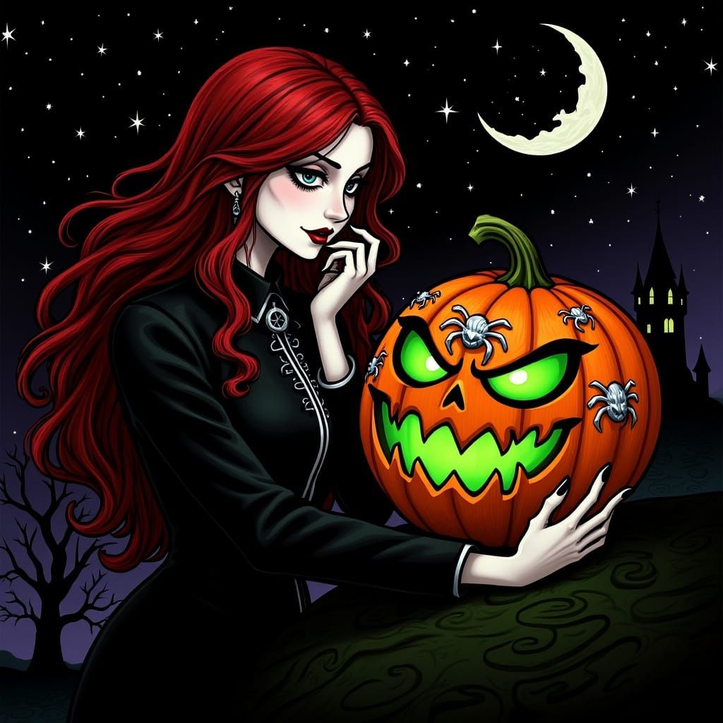 Goth Woman and Jack-o-Lantern Poster Art in Tim Burton Style