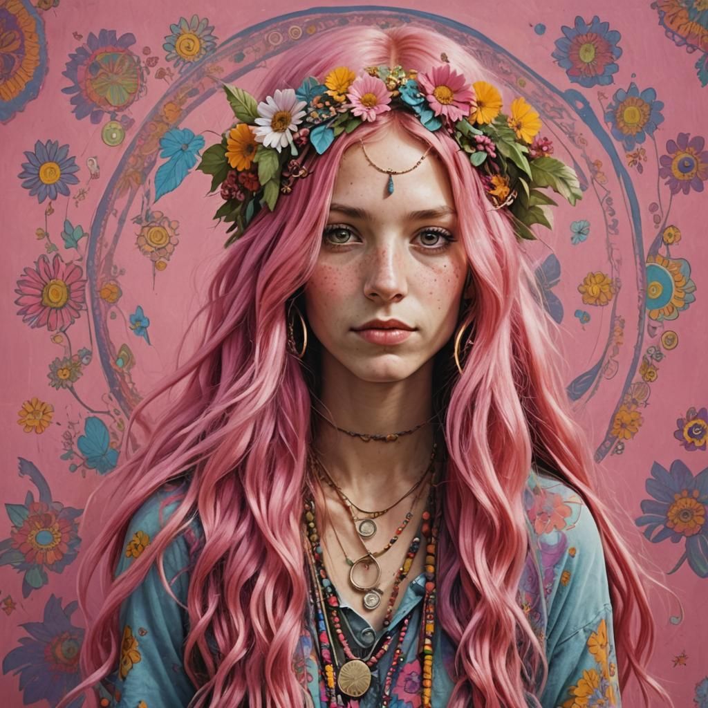 Hippy Girl with Long Pink Hair Art