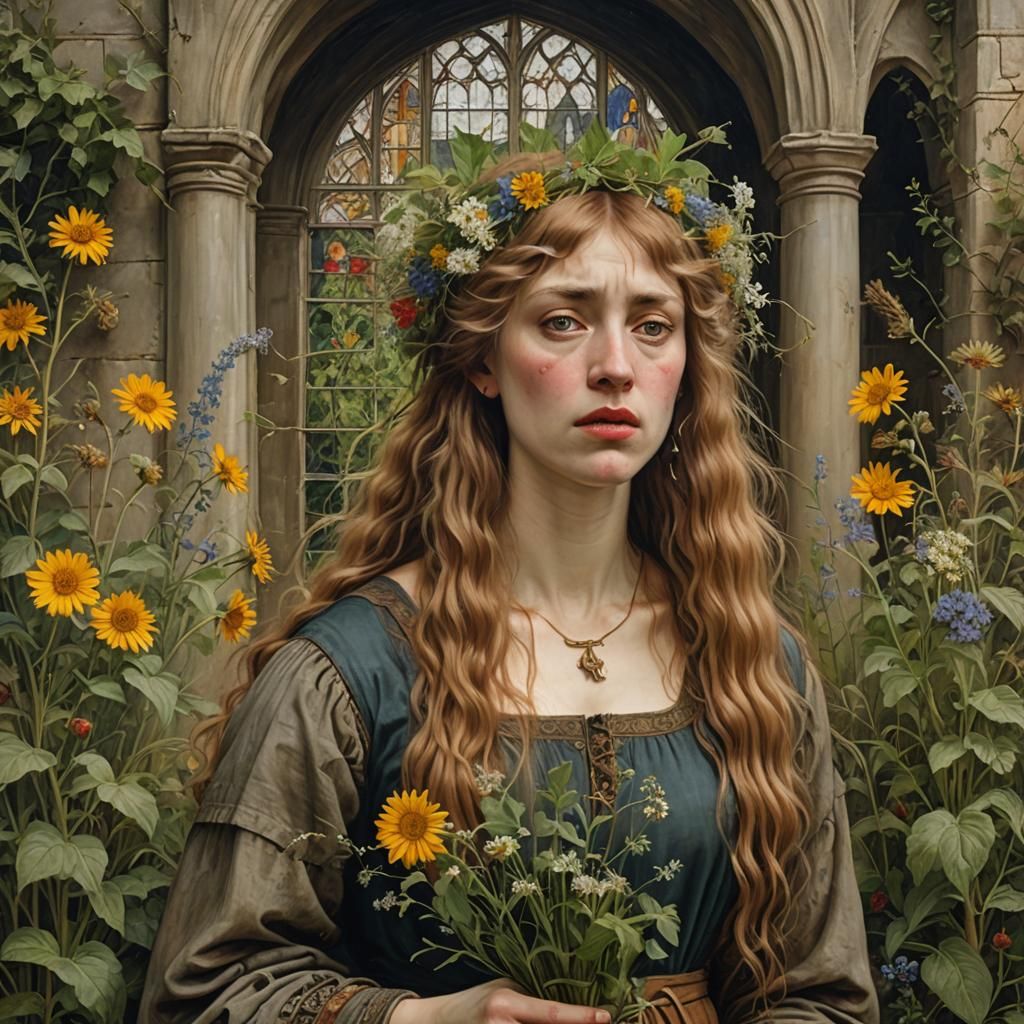 Pre-Raphaelite Mad Girl with Flowers