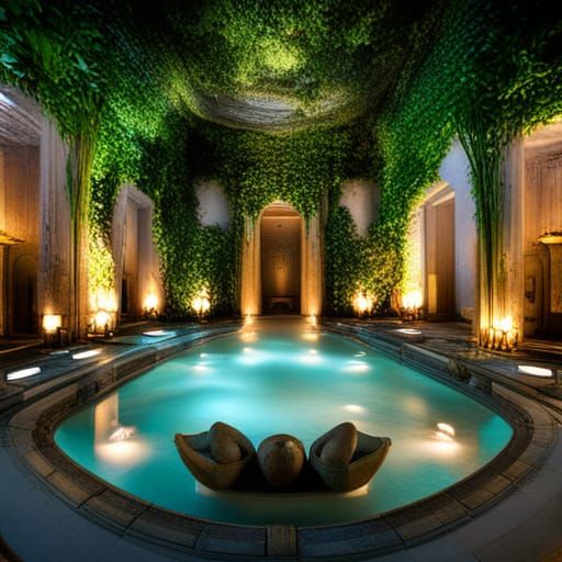 Ancient Sumerian Bathhouse Interior at Night