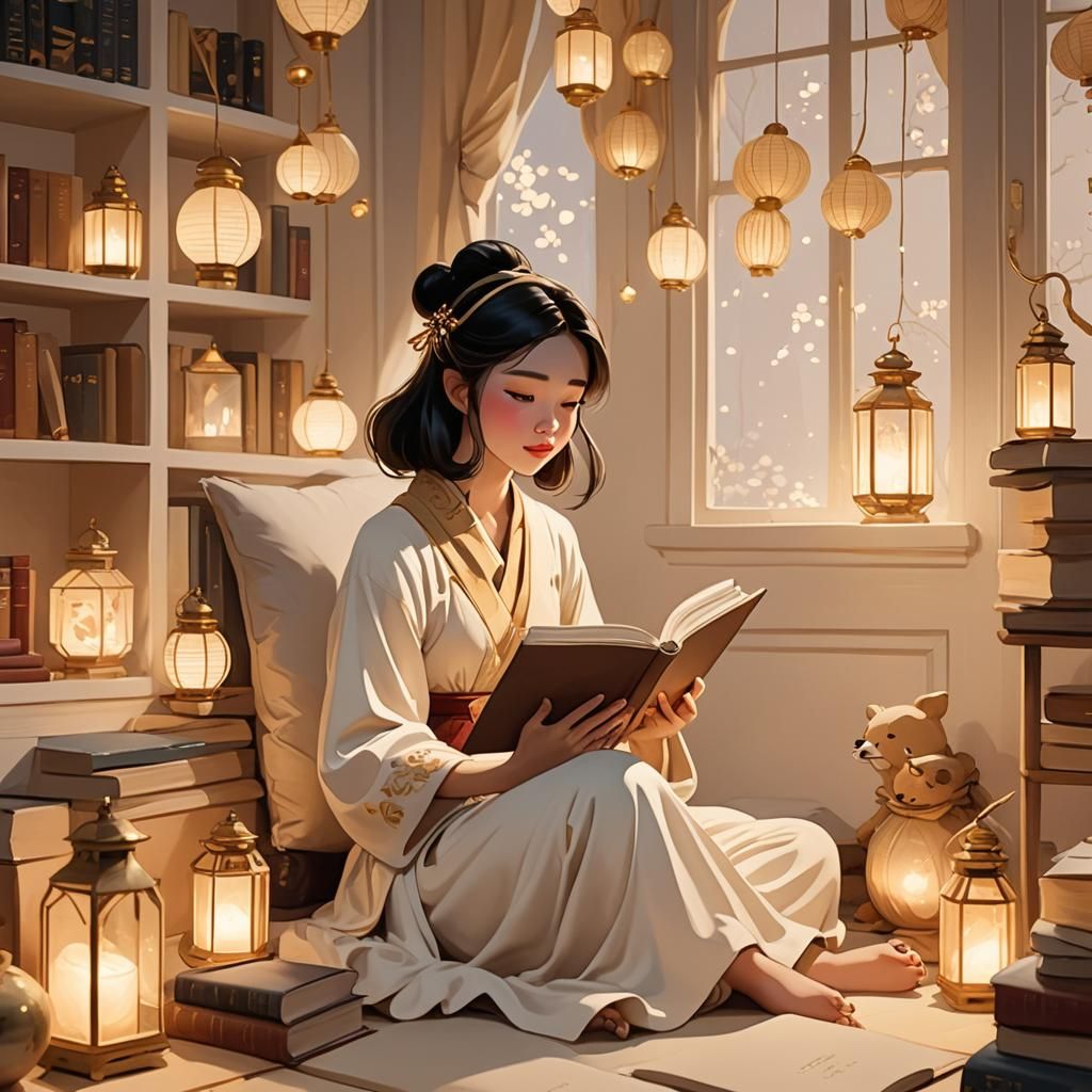 Jiangshi Girl Reading in Disney-Inspired Anime Style