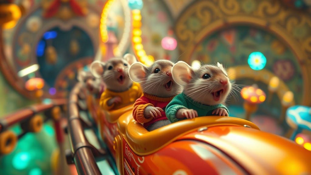 Vibrant Rollercoaster Mice in Whimsical, Futuristic Landscap...