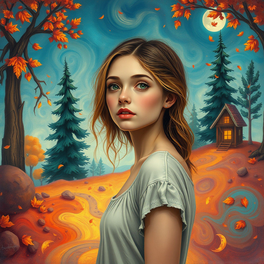 Woman in Whimsical Gouache Autumn Wonderland