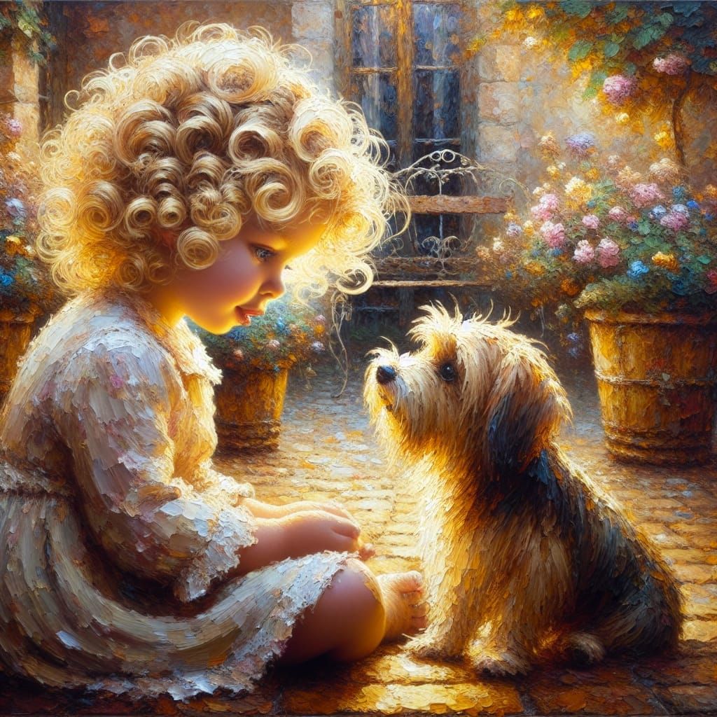 Dreamy Oil Painting of Young Girl and Her Lovable Dog in Fre...