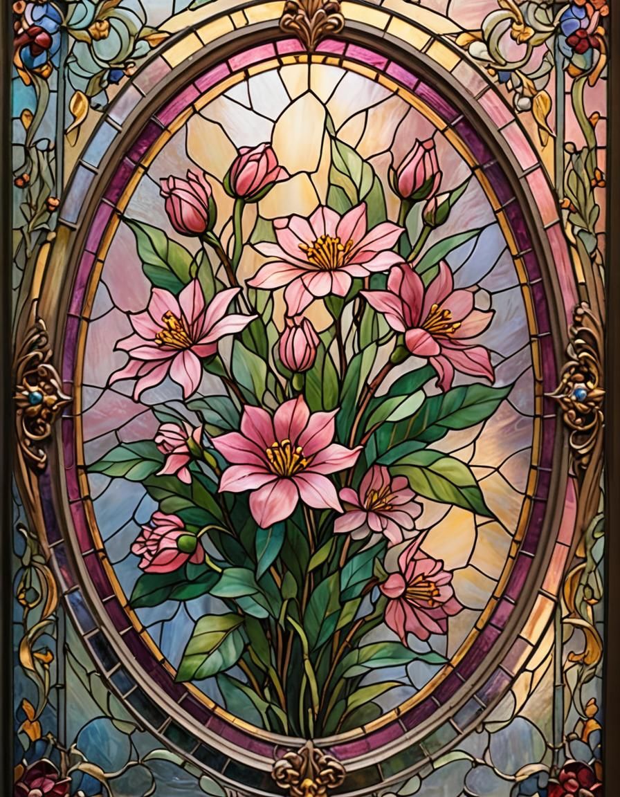 Stained Glass Pink Flower in Oval Frame
