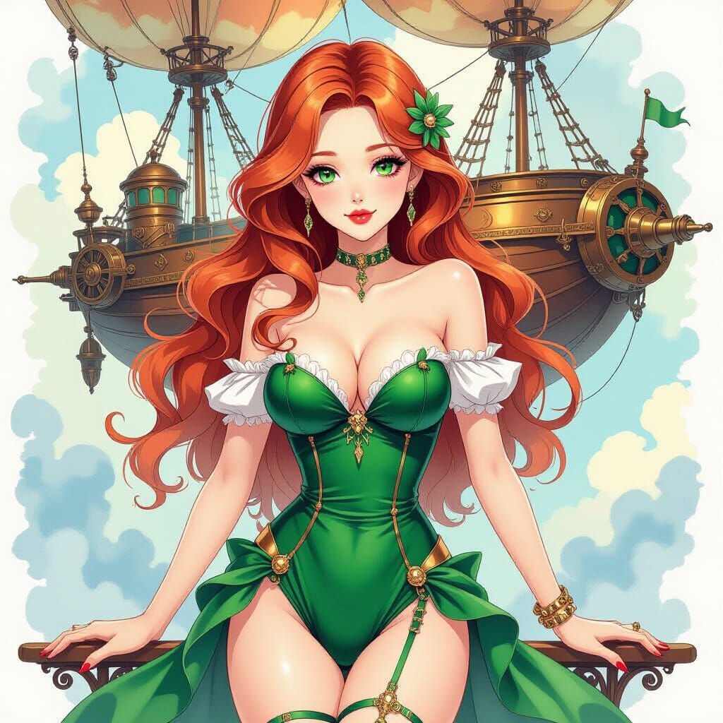 Anime Muse Posing with Steampunk Airship in Watercolor