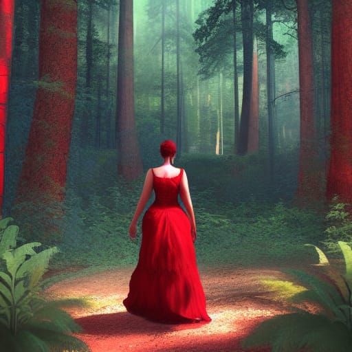 Woman in Red Dress in Forest: Fantasy Concept Art