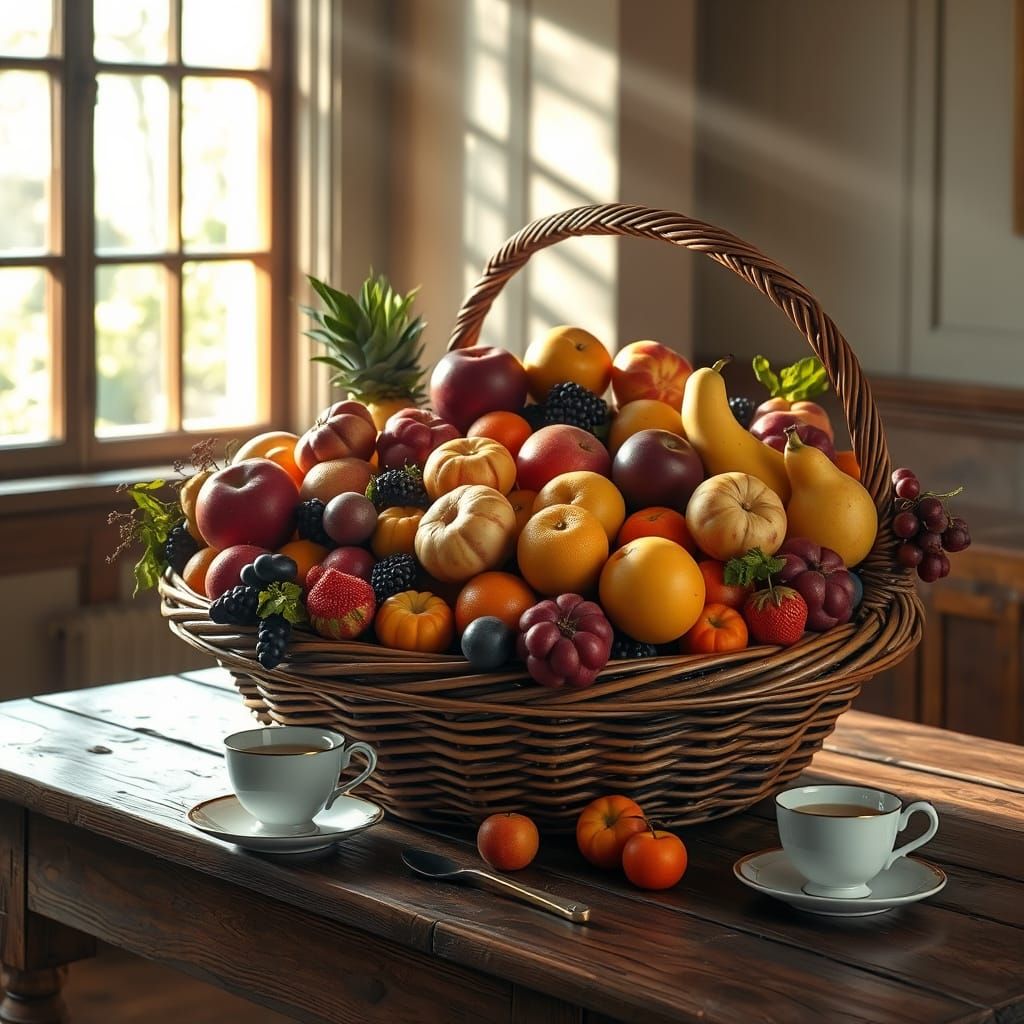 Colossal Fruit Basket in Sunlight: Photorealistic Still Life