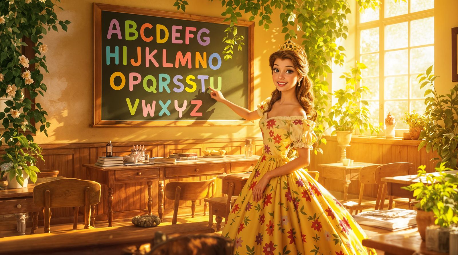Happy Princess Belle in Sunny Classroom