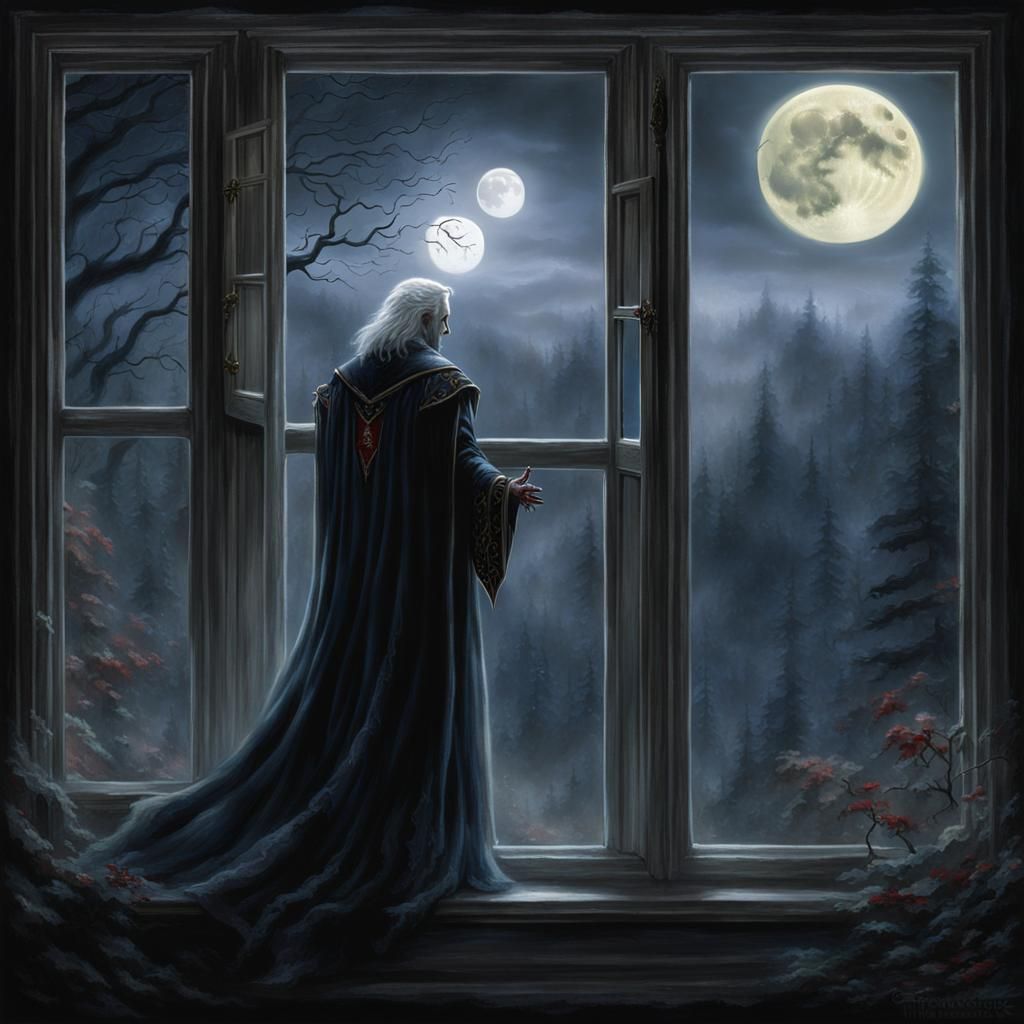 Ethereal Vampire Gazing at Moonlit Forest