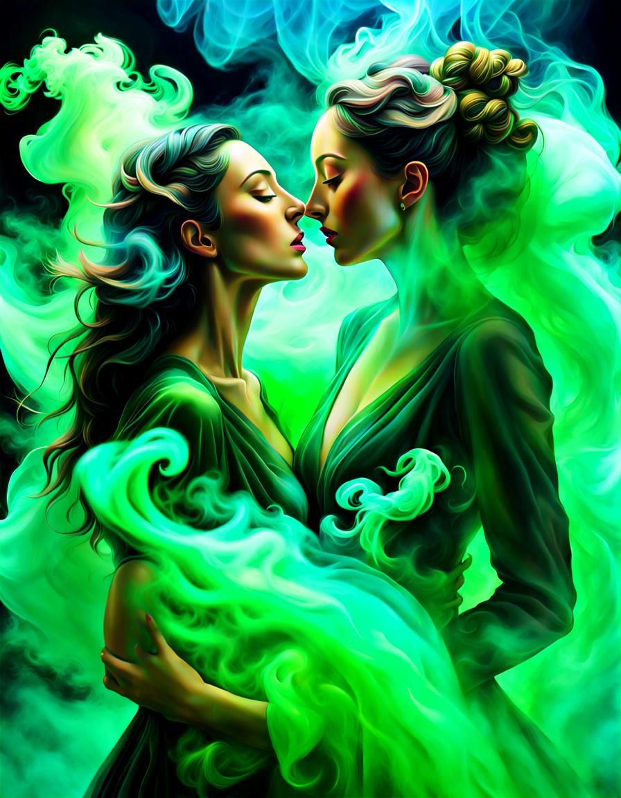 Surreal Embrace in Swirling Green Smoke