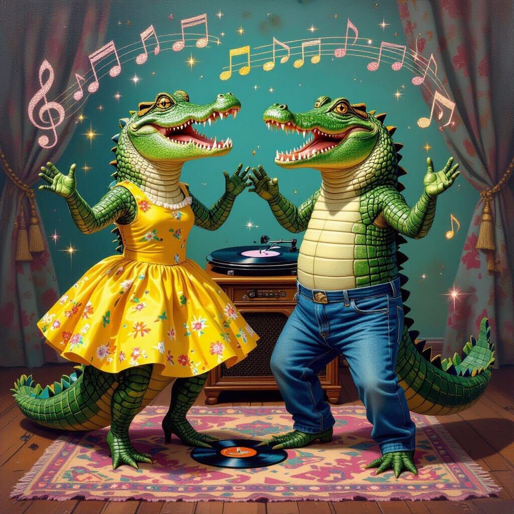 Anthropomorphic Crocodiles Dancing in Louisiana Oil Painting