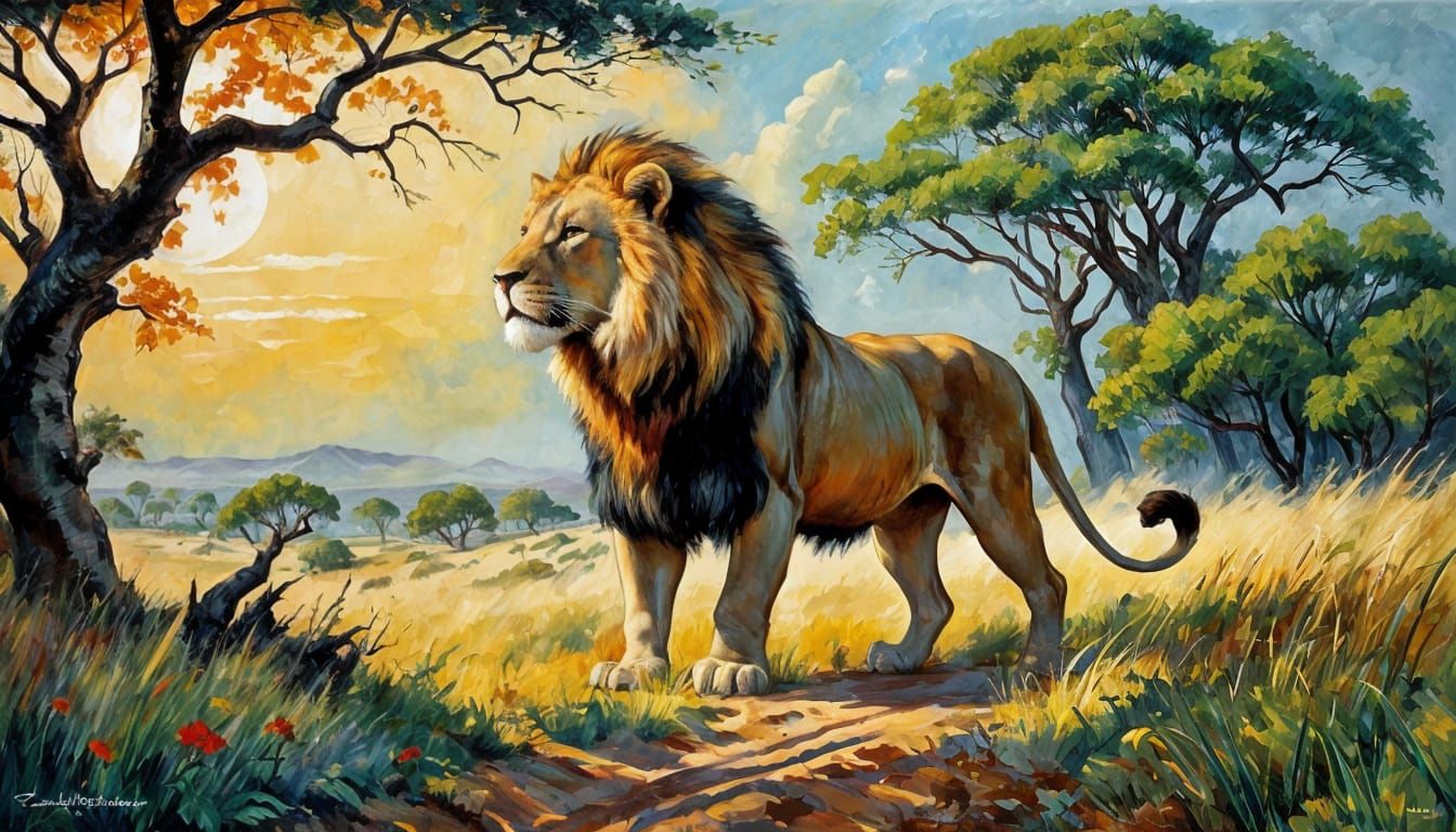 Vibrant African Savannah Landscape in Expressive Impasto Oil...