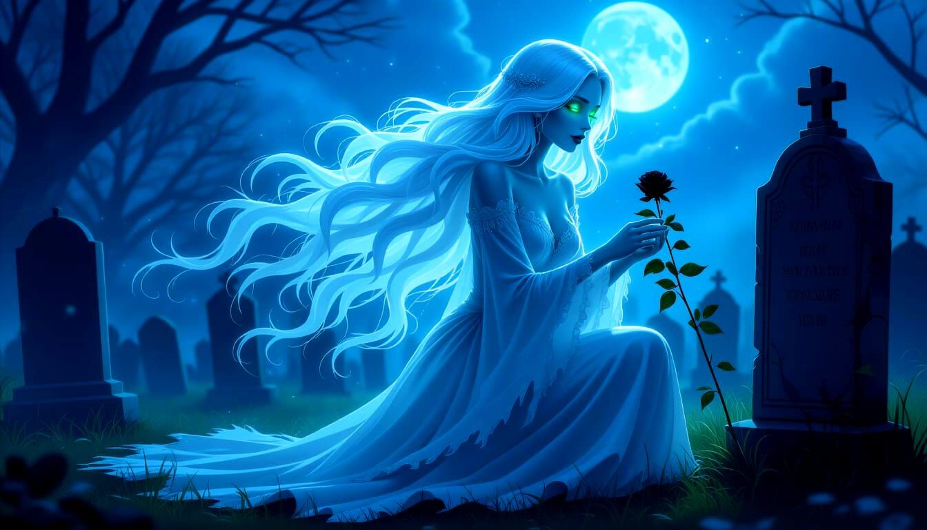 Ethereal Female Ghost in Moonlit Graveyard