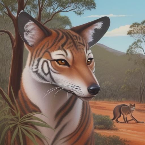 Thylacine in Australian Outback: Gouache Painting