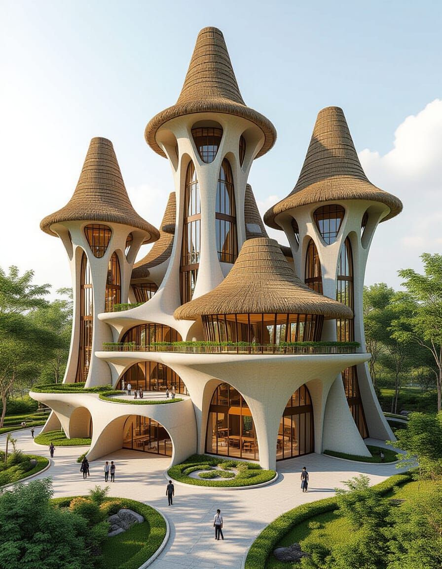 Organic Architecture: Tapering Structures Amid Lush Greenery