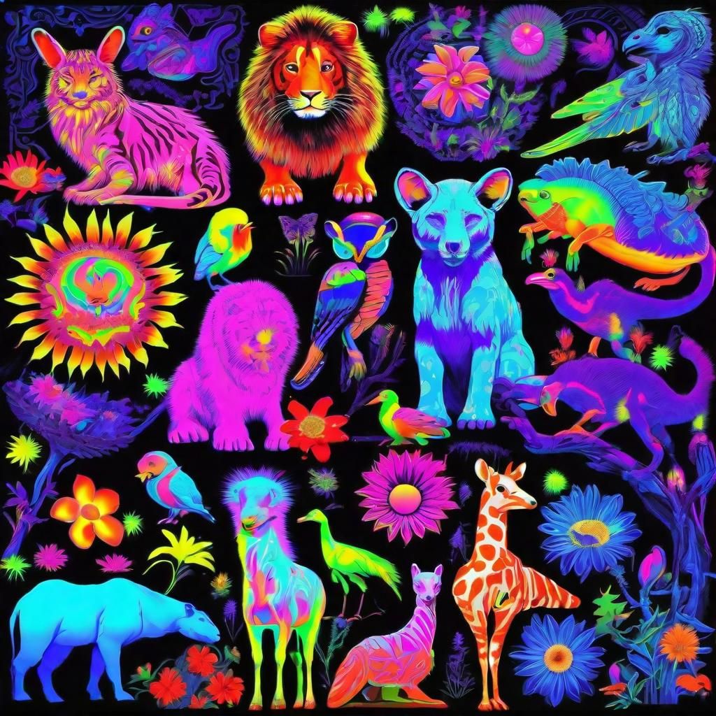 Blacklight Animals and Flowers: Fluorescent Cosmic Collage