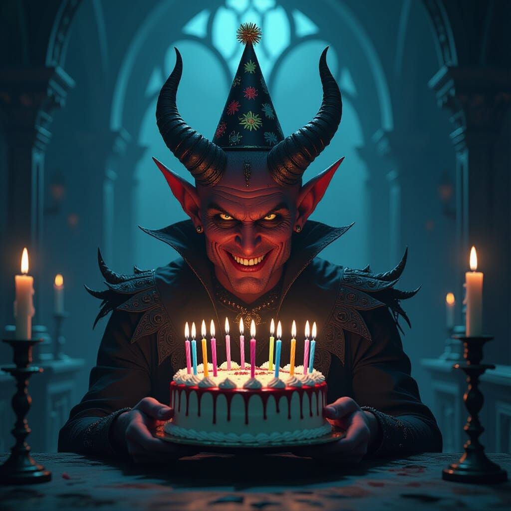 Demonic Birthday Celebration in Gothic Horror Style