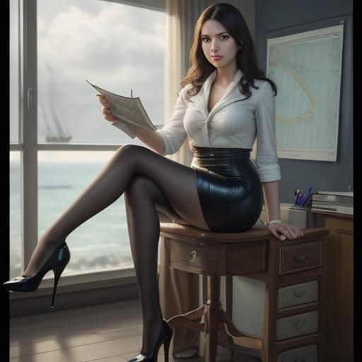 Dieselpunk Woman Studying Nautical Charts in Oil Painting