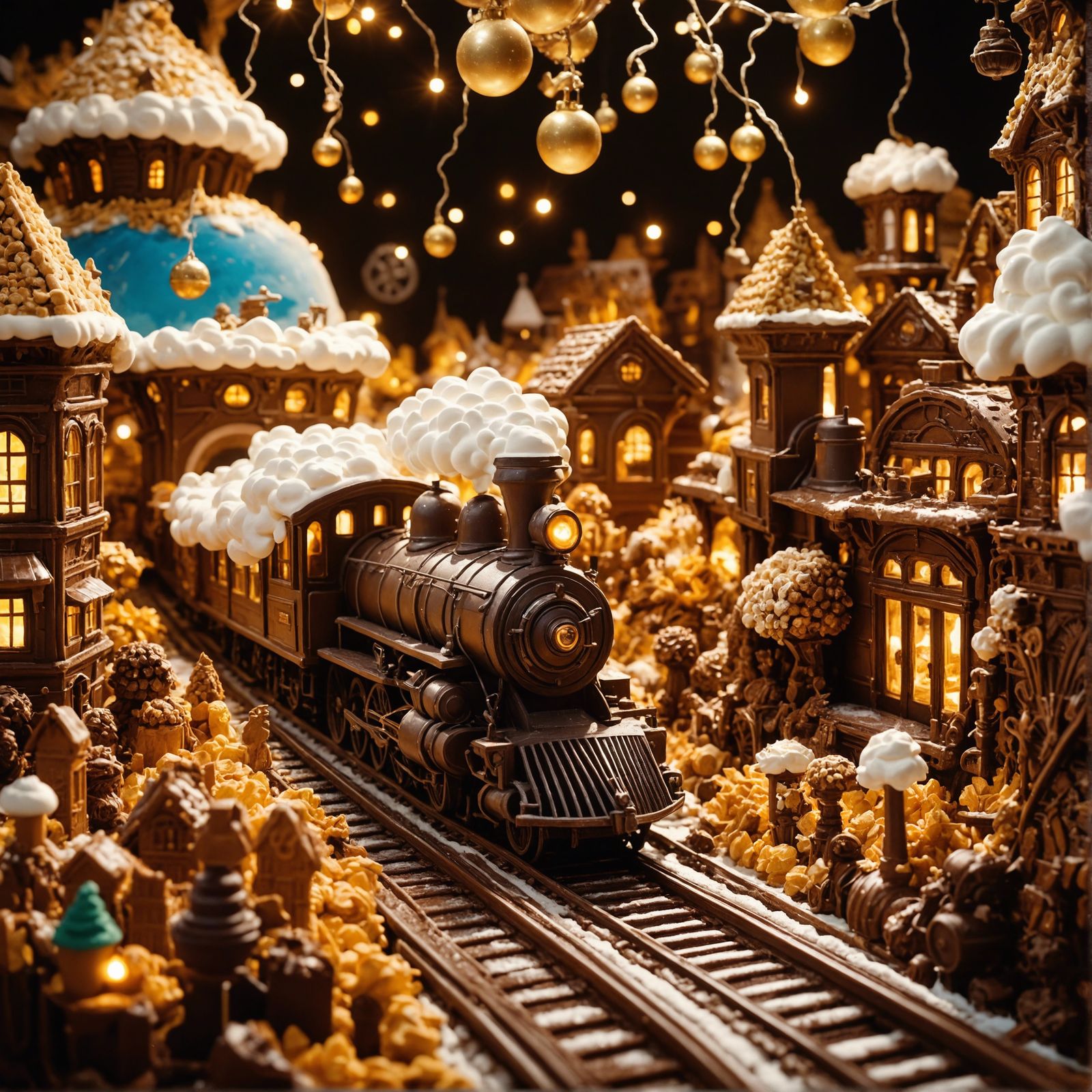Chocolate train drives through chocolate town
