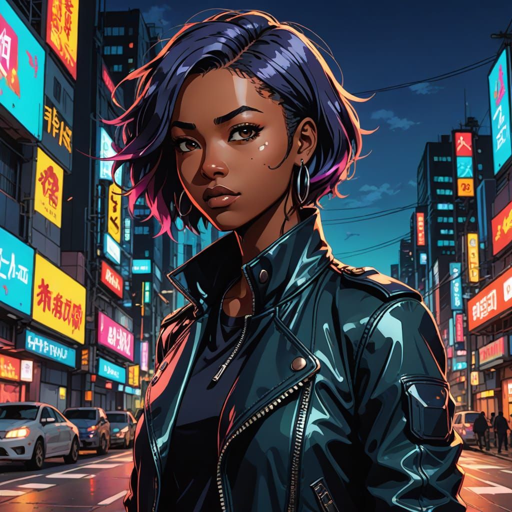 Confident Anime-Inspired College Girl in Biker Attire