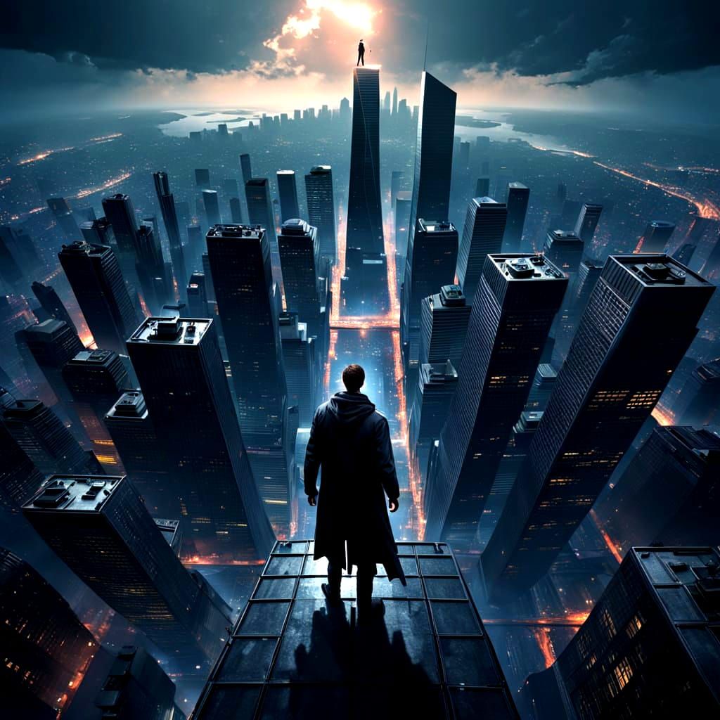 Dramatic Vertigo Art on Skyscraper, Dark Fantasy Style