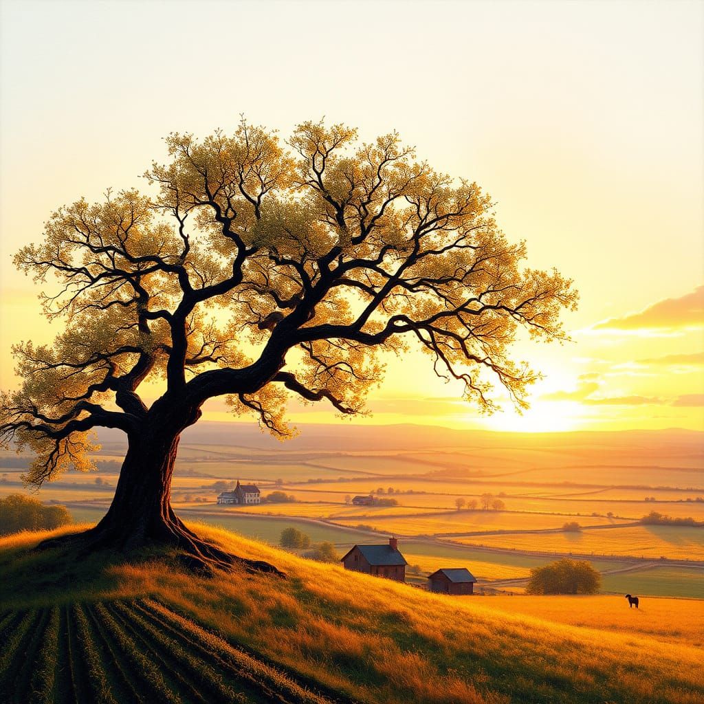 Impressionistic Sunset Landscape with Solitary Tree